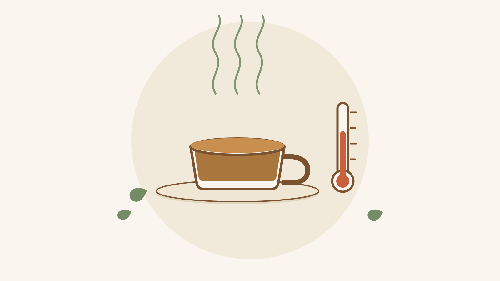 A cup of tea with steam rising, next to a thermometer